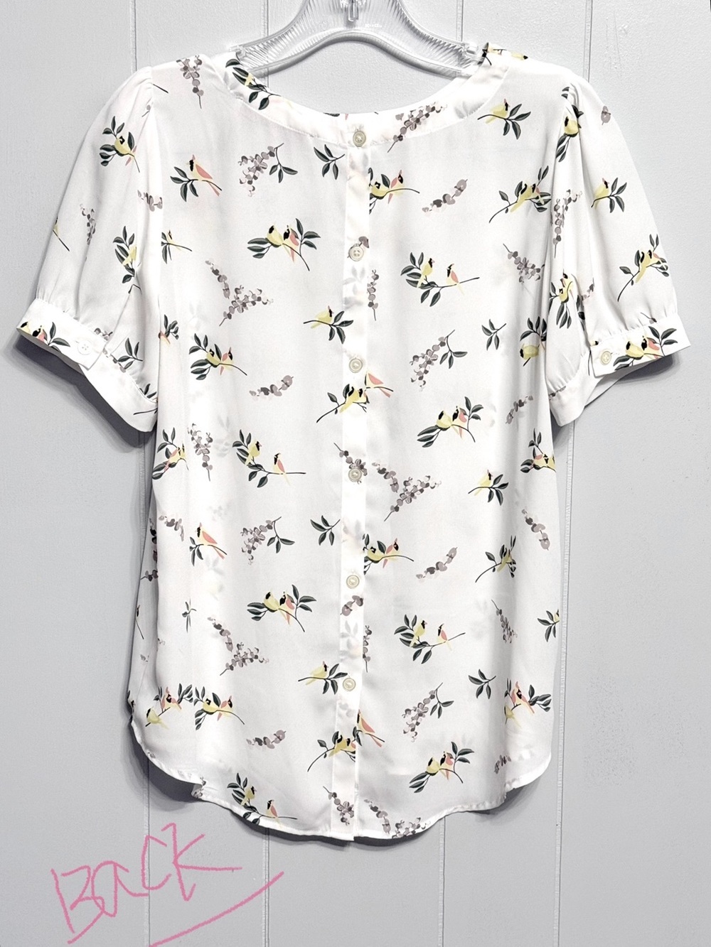 #19)  LOFT White Floral Blouse with Green and Yellow Bird Print